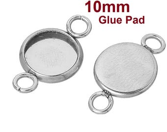 10 pcs. Stainless Steel Circle Round Bezel Cabochon Cameo Connector Tags Trays - 10mm Glue Pad - Hypoallergenic! Tarnish Resistant! Silver