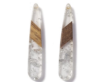 4 pcs. Clear Silver Flakes Stripe Resin and Wood Teardrop Flat Pendant - 44mm x 8mm - (1.73" x 0.32") - Great for Earrings and Necklaces!