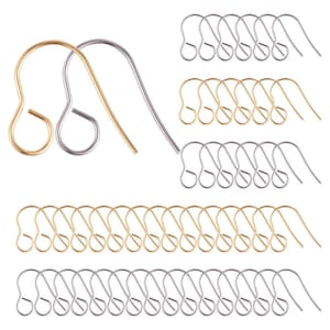 100 ganchos para pendientes de acero inoxidable 316 con argolla - 18 mm x 15 mm - Agujero grande: 4,6 mm - 50 plateados y 50 dorados