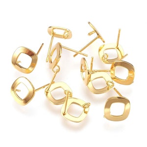 10 pcs (5 pairs) 304 Stainless Steel Rhombus Earring Posts/Bases/Studs/Settings with Backs - Gold - 10mm - Loop for Dangles