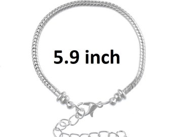 5 pcs. Silver Plated European Snake Chain Bracelets with Chain Extender - Claw Lobster Clasp - 15cm (5 7/8") - 3mm Thick - Small Wrists