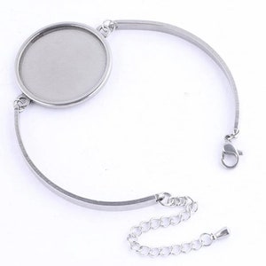 2 pcs. 304 Stainless Steel Silver Tone Bezel Bracelets - 25mm Glue Pad - with Extender Chain