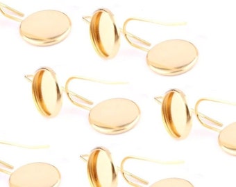 10 pcs. 304 Stainless Steel Gold Plated Earring Hooks Settings Bezels Cabochons - 12mm Glue Pad Setting