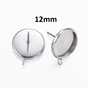 10 pcs 304 Stainless Steel Silver Earring Posts Studs Settings Bezels Cabochons Tacks with Loop - 12mm Glue Pad Setting - Perpendicular Loop