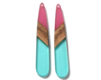4 pcs. Clear Pink and Teal Stripe Resin and Wood Teardrop Flat Pendant - 44mm x 8mm - (1.73" x 0.32") - Great for Earrings and Necklaces!