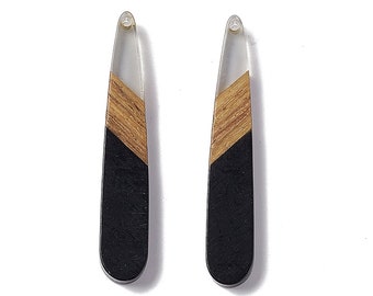 4 pcs. Black and Clear Stripe Resin and Wood Teardrop Flat Pendant - 44mm x 8mm - (1.73" x 0.32") - Great for Earrings and Necklaces!