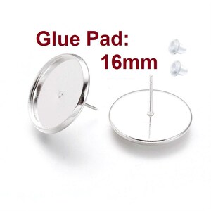 10 pcs. Silver Plated Earring Posts Studs Settings Bezels Cabochons Tacks- 16mm Glue Pad Setting - Includes Rubber Backs!