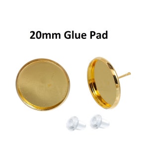 10 pcs. Gold Plated Earring Posts Studs Settings Bezels Cabochons Tacks- 20mm Glue Pad Setting - With Rubber Stoppers!