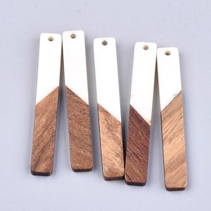 4 pcs. White Resin and Wood Rectangle Flat Pendant - 52mm x 8mm - (2.05" x 0.32") - Great for Earrings and Necklaces!