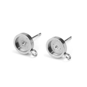 10 pcs 304 Stainless Steel Silver Earring Posts Studs Settings Bezels Cabochons Tacks with Loop - 10mm Glue Pad Setting - Perpendicular Loop