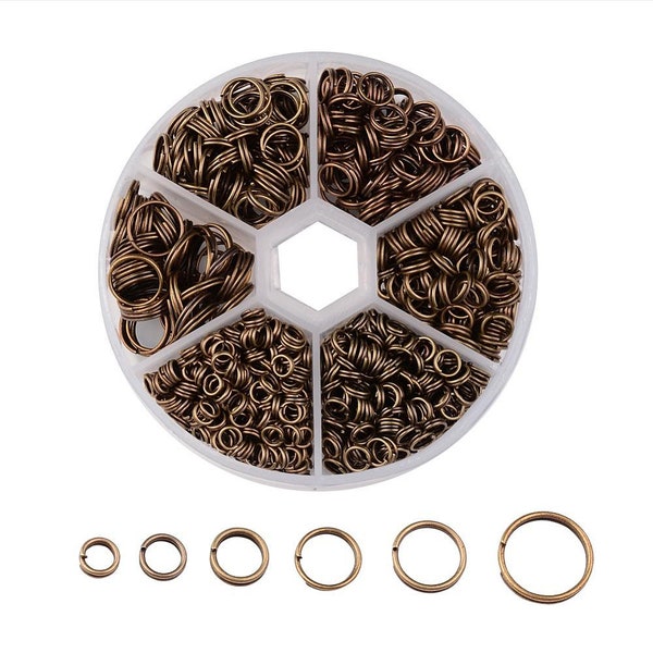 Assortment Box of Antique Bronze Split Jump Rings 4mm, 5mm, 6mm, 7mm, 8mm, 10mm - 1mm-1.3mm Thick - Plastic Storage Box Included