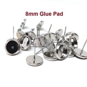 10 pcs. Silver Tone Earring Posts Studs Settings Bezels Cabochons Tacks- 8mm Glue Pad Setting - Includes Rubber Backs!