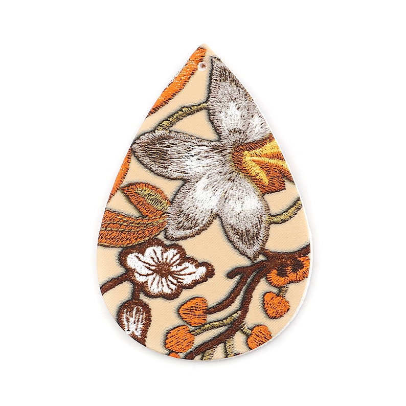 - Double Sided 2.2 Orange Floral Embroidered Faux Leather Dangle Charms Pendants Brown 56mm Teardrop Beige 10 pcs