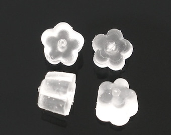 100 pcs (50 Pairs) Clear Translucent Rubber Earring Back Stoppers Nuts - 4mm x 4mm - Flower