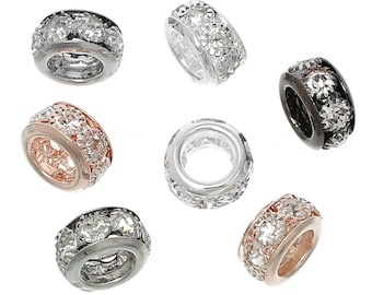 Surtido de 10 cuentas espaciadoras redondas de diamantes de imitación: 10 mm x 5,5 mm, tamaño del orificio: 5,4 mm, ¡compatibles con cuentas europeas y de paracord!