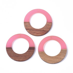 4 pcs. Pink Clear Resin and Wood Hoop Flat Pendant - 49mm - (1.93&quot;)- LARGE - Great for Earrings and Necklaces!