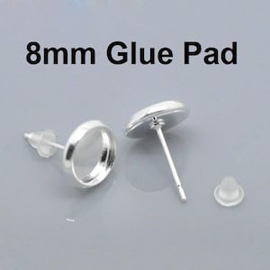 10 pcs. Silver Plated Earring Posts Studs Settings Bezels Cabochons Tacks- 8mm Glue Pad Setting