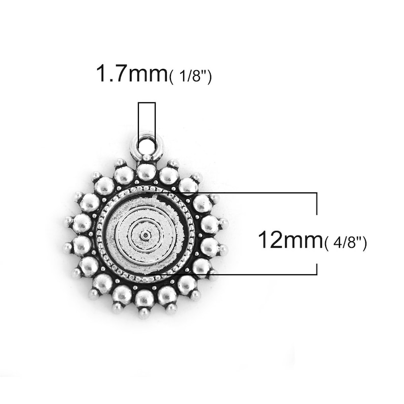 12mm Glue Pad Settings Antique Silver Circle Round Bezel Cabochon Pendant Tags Trays 10 pcs Ball Frame Design