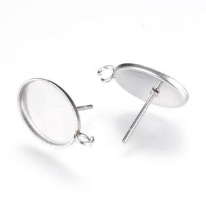 10 pcs. 304 Stainless Steel Silver Tone Earring Tacks Posts Studs Settings Bezels Cabochons with Loop - Oval - 14mm x 10mm Glue Pad Setting
