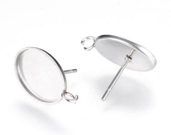 10 peças de tachinhas/pinos para brincos em aço inoxidável 304 prateado, com argola para cabochões - Oval - 14 mm x 10 mm, com base adesiva.