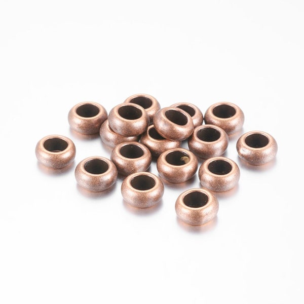 50 pcs Antique Copper Metal Smooth Ball Spacer Beads - 10mm x 6mm - Large Hole: 5mm - Fits European Cords and Paracord!