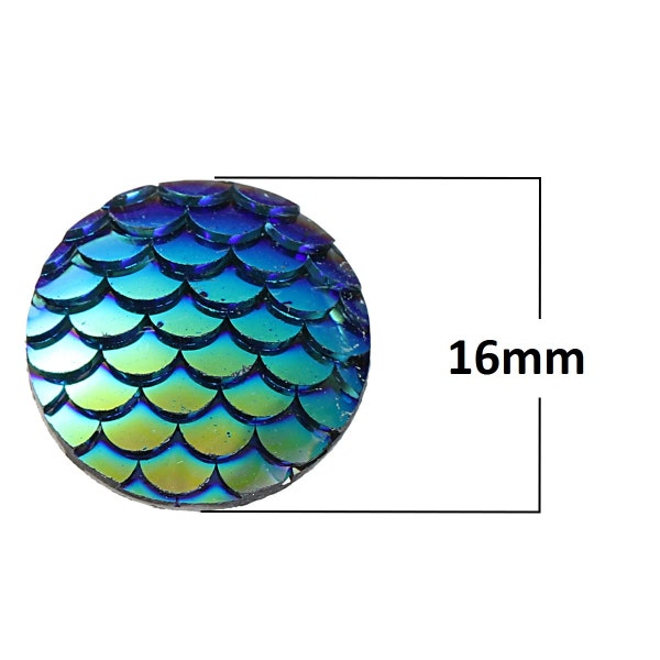 10 pcs Mermaid Fish Scales Resin Carved Embellishment Cabochons Blue AB - 16mm (5/8 in)