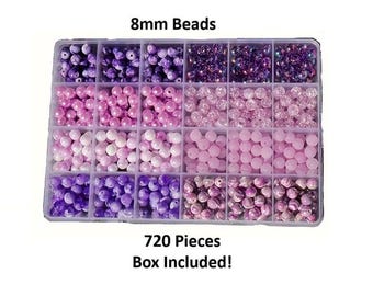 720 Beads - 8mm Assortment Box of Glass Gradient Style Round Beads - Hole Size: 1.3mm-16mm - 24 Colors! Purples - Assortment B