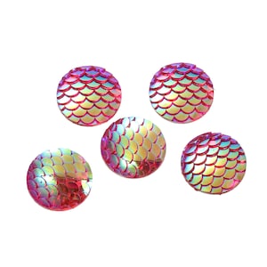 5 pcs Mermaid Fish Scales Resin Carved Embellishment Cabochons Pink Red Multicolor AB - 12mm (1/2 in)