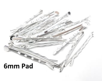 20 pcs. Silver Plated Bobby Pins - 6mm Glue Pad - Ripple Pattern - 56mm x 6mm
