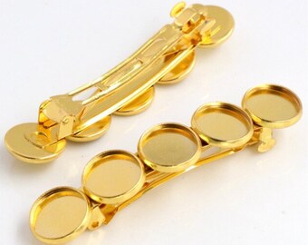 2 pcs Yellow Gold French Hair Barrettes Hair Clips - 71mm x 14mm  - 12mm Glue Pad - LARGE - 5 Bezels