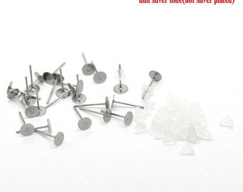 200 pieces (100 pairs) 304 Stainless Steel Earring Posts/Bases/Studs/Settings with Rubber Backs - 12mm x 5mm - 5mm Pad