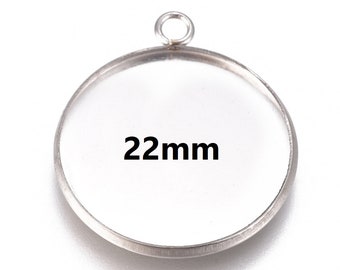 5 pcs. 304 Stainless Steel Silver Tone Circle Round Bezel Pendant Tags Trays - 22mm Glue Pad Setting - Tarnish Resistant!