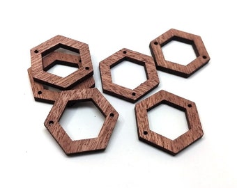 6 pcs. Brown Wood Hexagon Flat Connectors – 28mm x 25mm