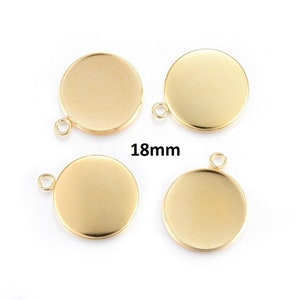 10 pcs. 304 Stainless Steel Circle Round Bezel Pendant Tags Trays - 18mm Glue Pad Setting - Golden - Tarnish Resistant!