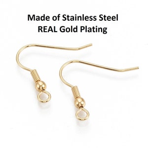 50 pcs 304 Stainless Steel 18k Gold Plated Earring Hooks with Spring and Ball - 20mm x 20mm - Hole Size: 2mm - Parallel Loop