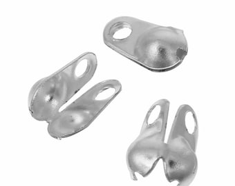 May include: Three silver-toned metal cord ends, also known as crimp ends, featuring a rounded, hollow bulbous base and a flat, perforated tab with a circular hole at the top for attachment. These small jewelry findings are metallic and shiny.