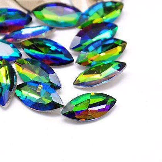 10 pcs Imitation Crystal Vitrail Iridescent Multicolor Faceted Rhinestone Cabochons - Glass Pointed Back - Navette - MEDIUM - 8mm x 4mm