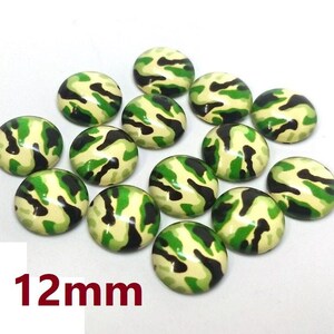 10 szt. okrągłych uszczelek szklanych w kamuflażu, okrągłych, kopułowych, kaboszonów - 12 mm - zielono-żółty