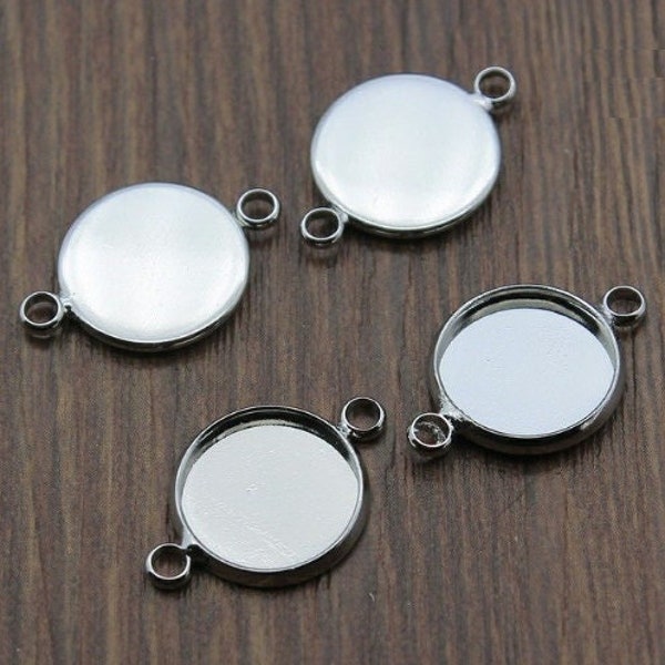 10 pcs. Silver Tone Circle Round Bezel Cabochon Cameo Connector Tags Trays - 16mm Glue Pad - High Quality!