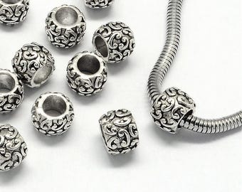 20 pcs. Antique Silver Metal Filigree Carved Rondelle Spacer Beads - 10mm - Large Hole: 5mm - Fits European Cords and Paracord!