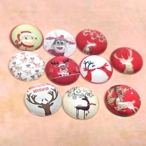 10 pcs Assortiment de Cercle verre de Noël Rond Dôme Joints Carreaux Cabochons - 12mm - Set 2 - Raindeer