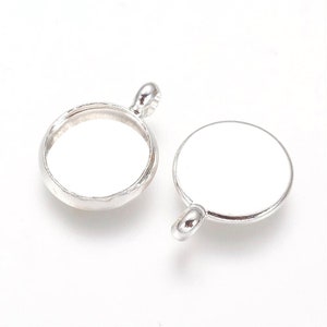 10 pcs. Silver Plated Circle Round Bezel Cabochon Pendant Tags Trays - 10mm Glue Pad - Perpendicular Loop