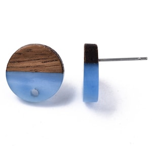 10 pcs. 304 Stainless Steel Earring Posts Studs Settings Cabochons Tacks - 14mm Diameter - Wood and Resin - Brown and Light Blue