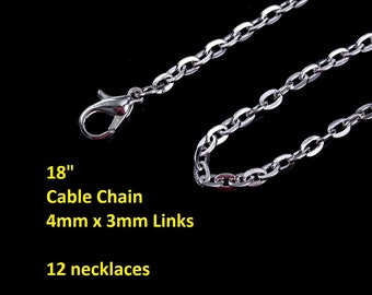 12 pcs. Silver Plated Cable Chain Link Necklaces 18" - (4mm x 3mm)