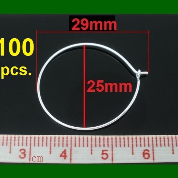 100 pcs. Silver Plated Wine Charm/Earwire Hoop Rings - 25mm - 1 inch - 21 Gauge (0.7mm)