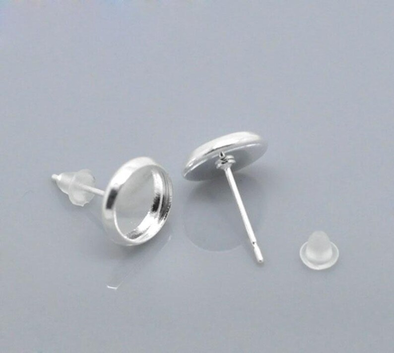 50 pcs. Silver Plated Earring Posts Studs Settings Bezels Cabochons Tacks- 8mm Glue Pad Setting image 4