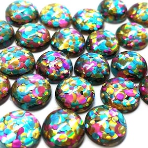 10 cabujones de resina con diseño de drusa, 12 mm, estilo brillante, en verde azulado, dorado y rosa