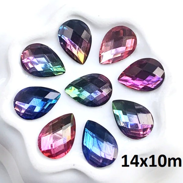 10 pcs Resin Imitation Crystal Faceted Embellishment Cabochons Multicolor Glitter - Assortment - 14x10mm - Teardrop - 14mm x 10mm