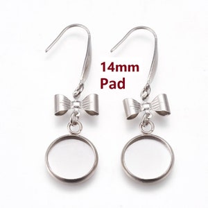 10 pcs. 316 Stainless Steel Silver Tone Earring Dangle Hooks Settings Bezels Cabochons - 14mm Glue Pad Setting - Bow Design