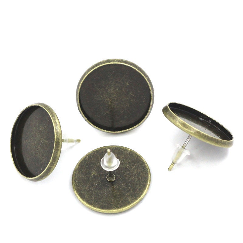 10 pcs. Antique Bronze Earring Posts Studs Settings Bezels Cabochons Tacks- 18mm Glue Pad Setting - With Rubber Stoppers!